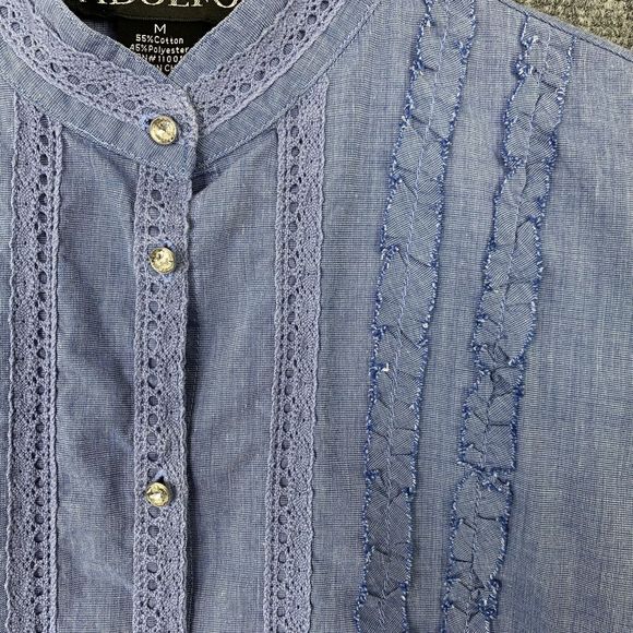 Adolfo Chambray Blue Button-up Shirt Women Size M Ruffles Crystal Buttons - Picture 4 of 14
